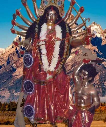 Devi Chandanayika — golden-complexioned, 16-armed, slaying Madhu