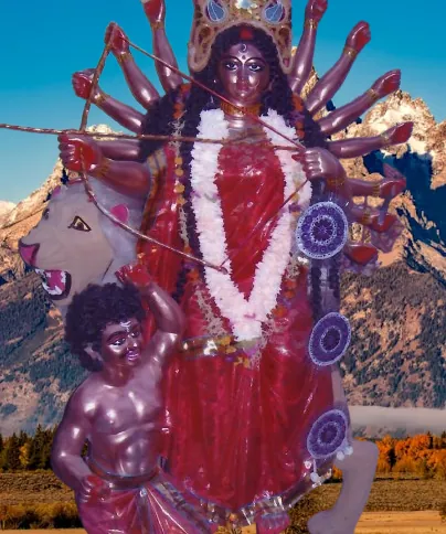 Devi Chandogra — copper-complexioned, 16-armed, slaying Nishumbha
