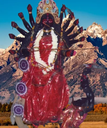 Devi Prachanda — black-complexioned, 16-armed, slaying Shumbha